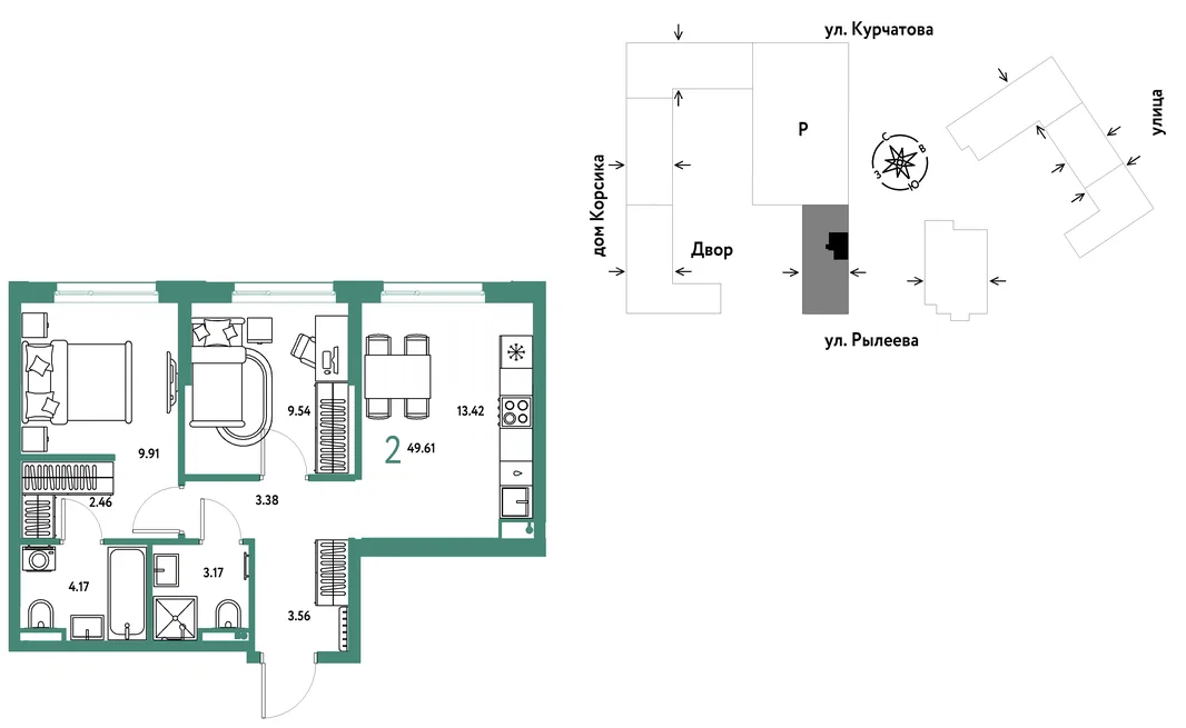 Планировка 2-комн. квартира, 49.59 м² ЖК «Остров-сад»