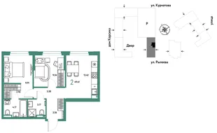 Планировка 2-комн. квартира, 49.59 м² ЖК «Остров-сад»