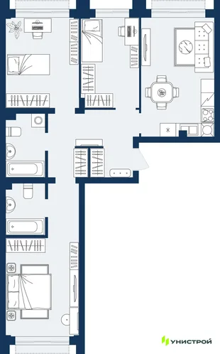 Планировка 3-комн. квартира, 77.93 м² ЖК «ГРАНД БЕРЕГ»