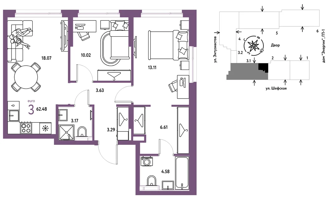 Планировка 3-комн. квартира, 62.48 м² ЖК «Страна.Энтузиастов»