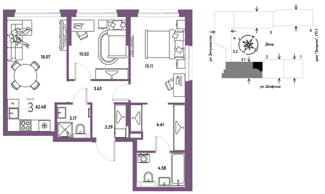 Планировка 3-комн. квартира, 62.48 м² ЖК «Страна.Энтузиастов»