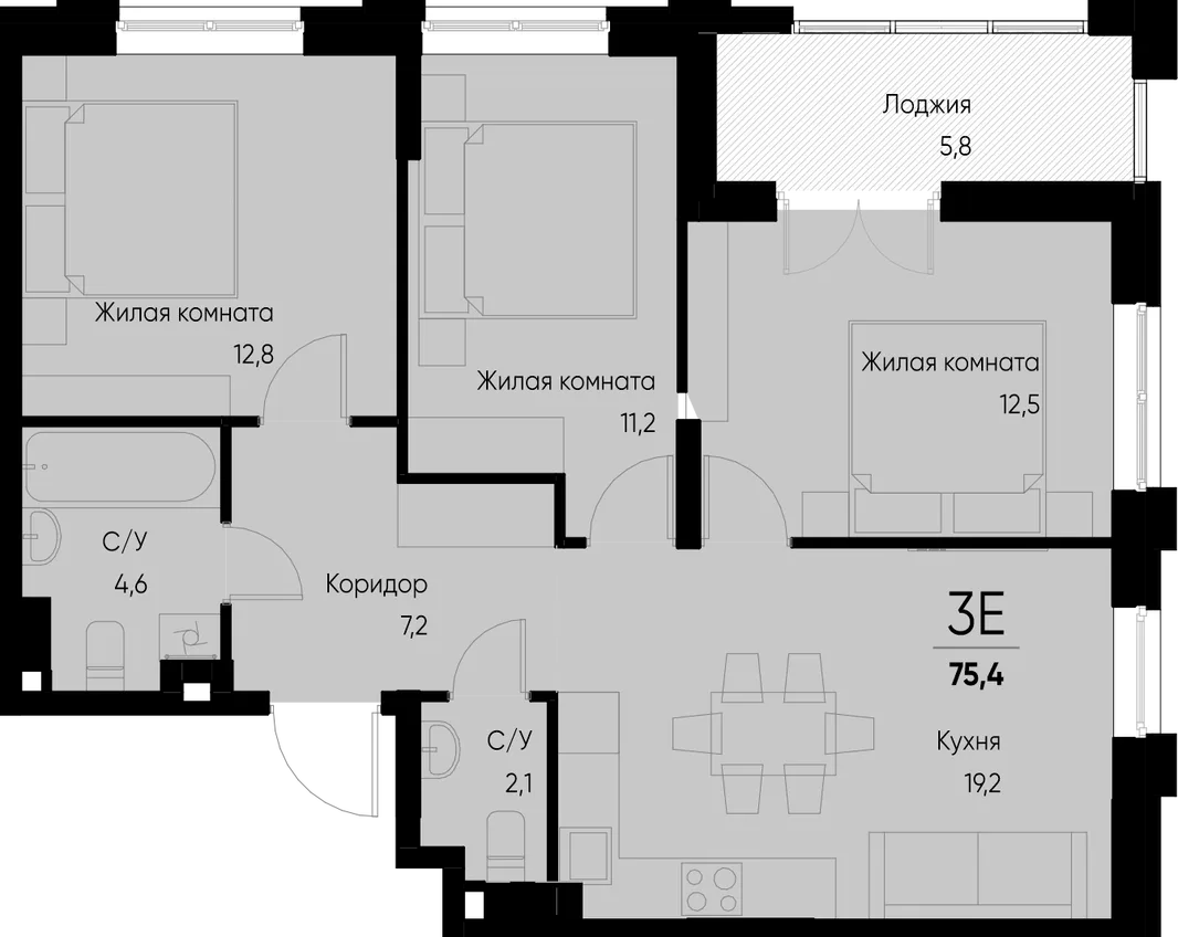 Планировка 3-комн. квартира, 75.4 м² ЖК «Васильевский остров»