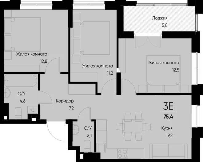 Планировка 3-комн. квартира, 75.4 м² ЖК «Васильевский остров» Планировка 3-комн. квартира, 75.4 м² ЖК «Васильевский остров»