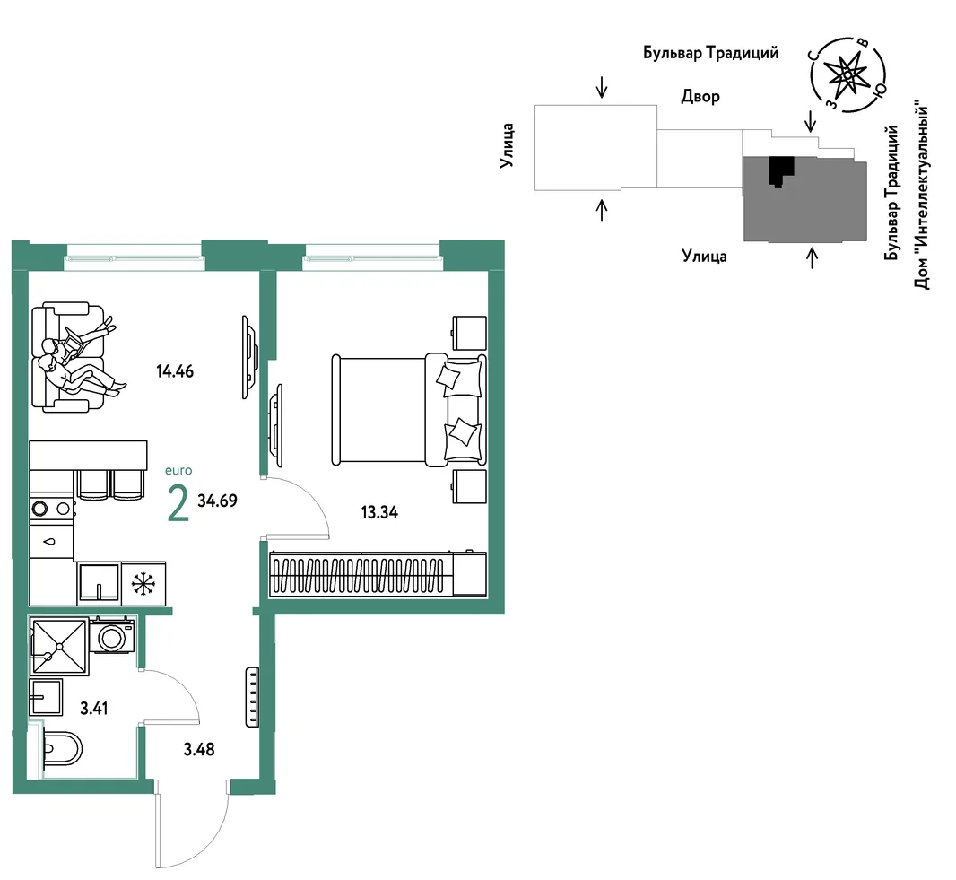 Планировка 2-комн. квартира, 34.69 м² ЖК «Микрорайон Домашний»