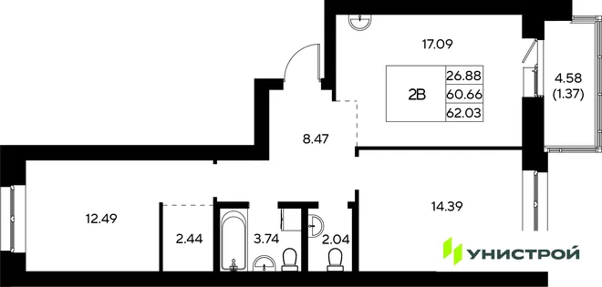 Планировка 2-комн. квартира, 62.03 м² ЖК «Царёво City»