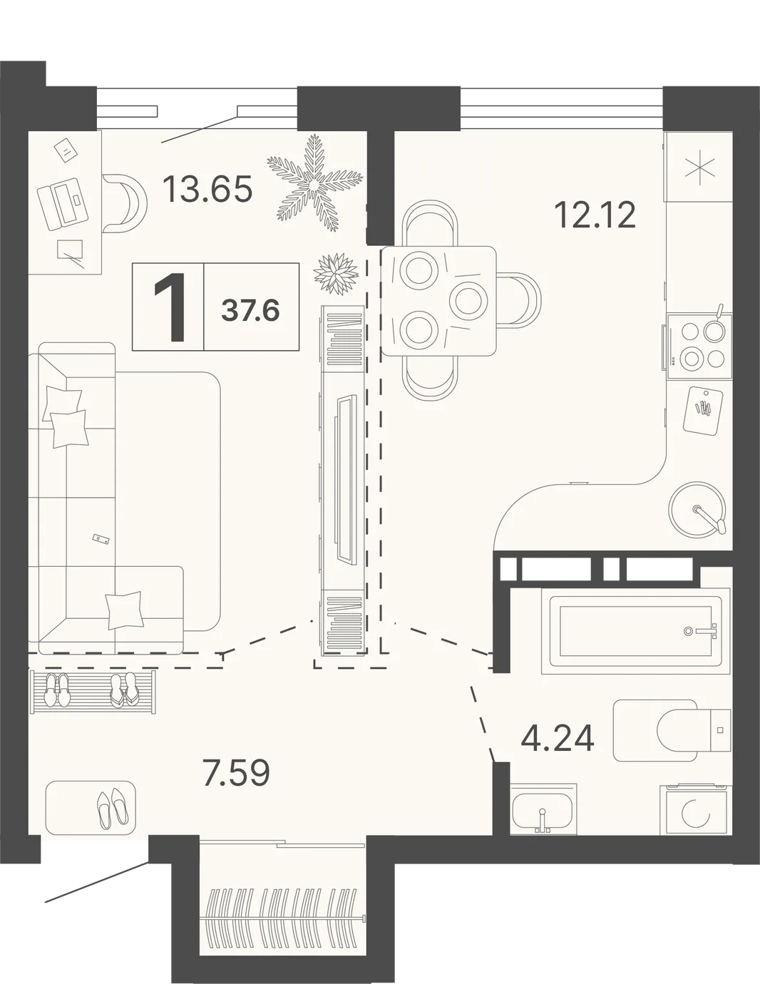 Планировка 1-комн. квартира, 37.6 м² ЖК «Светский лес»