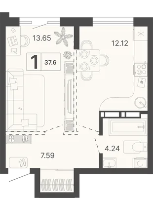 Планировка 1-комн. квартира, 37.6 м² ЖК «Светский лес»