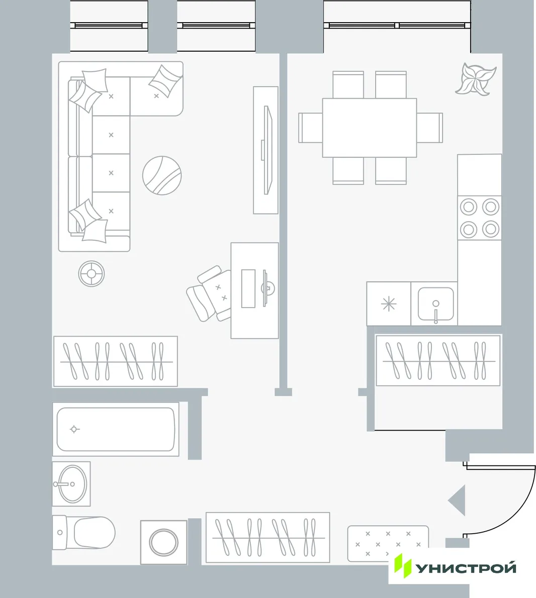 Планировка 1-комн. квартира, 38.34 м² ЖК «Причал»
