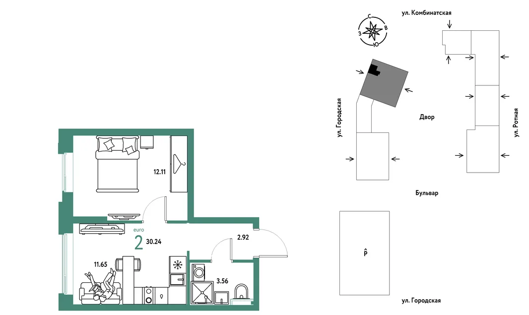 Планировка 2-комн. квартира, 30.24 м² ЖК «Уральский сад»
