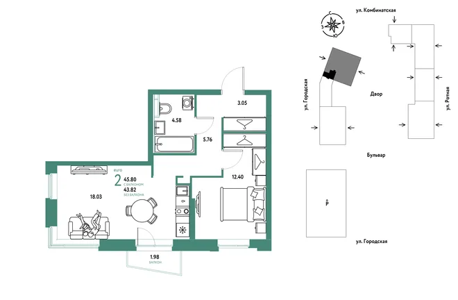 Планировка 2-комн. квартира, 45.8 м² ЖК «Уральский сад» Планировка 2-комн. квартира, 45.8 м² ЖК «Уральский сад»