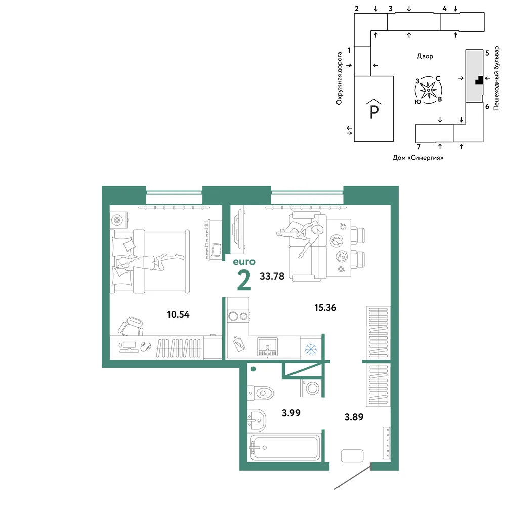 Планировка 2-комн. квартира, 33.78 м² ЖК «Юнион»
