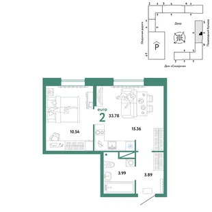 Планировка 2-комн. квартира, 33.78 м² ЖК «Юнион»