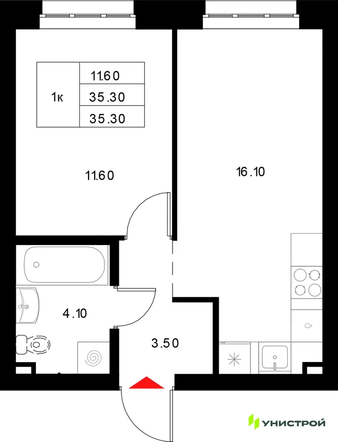 Планировка 1-комн. квартира, 35.3 м² ЖК «Уникод на Технической»
