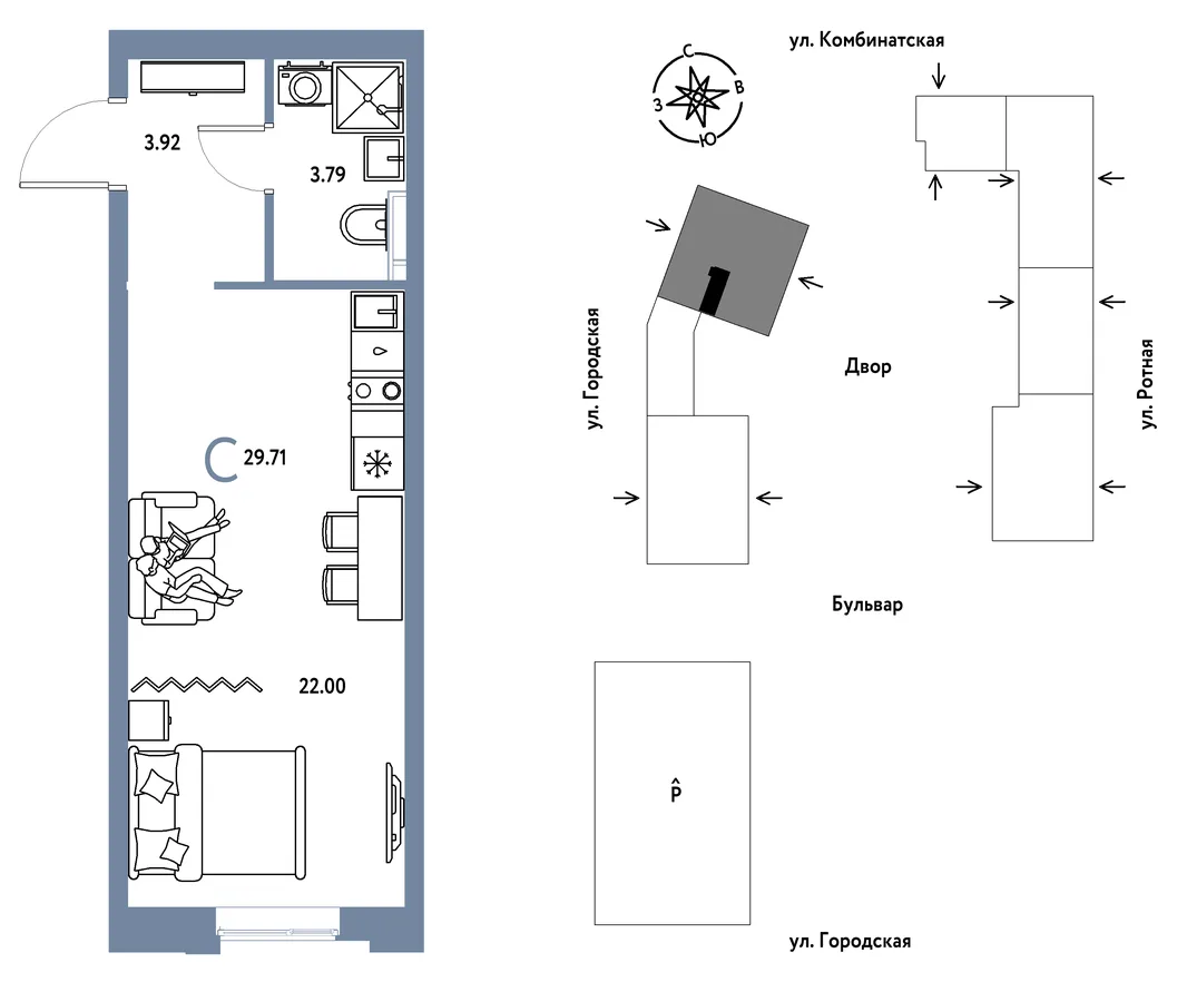 Планировка Студия, 29.71 м² ЖК «Уральский сад»