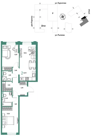 Планировка 2-комн. квартира, 66.54 м² ЖК «Остров-сад»