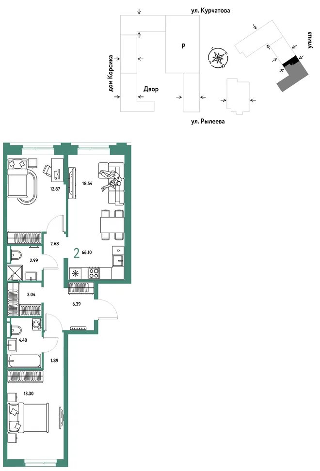 Планировка 2-комн. квартира, 66.54 м² ЖК «Остров-сад» Планировка 2-комн. квартира, 66.54 м² ЖК «Остров-сад»