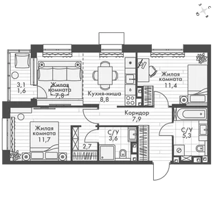 Квартира 3-комн. квартира, 61.1 м² ЖК «ФоРест» Фото 1 Квартира 3-комн. квартира, 61.1 м² ЖК «ФоРест» Фото 1