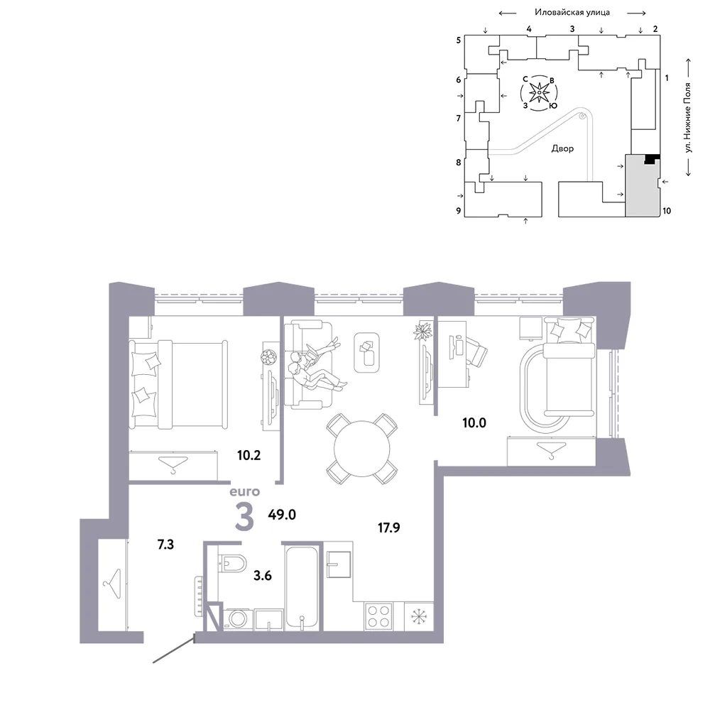 Планировка 3-комн. квартира, 49 м² ЖК «Страна.Заречная»