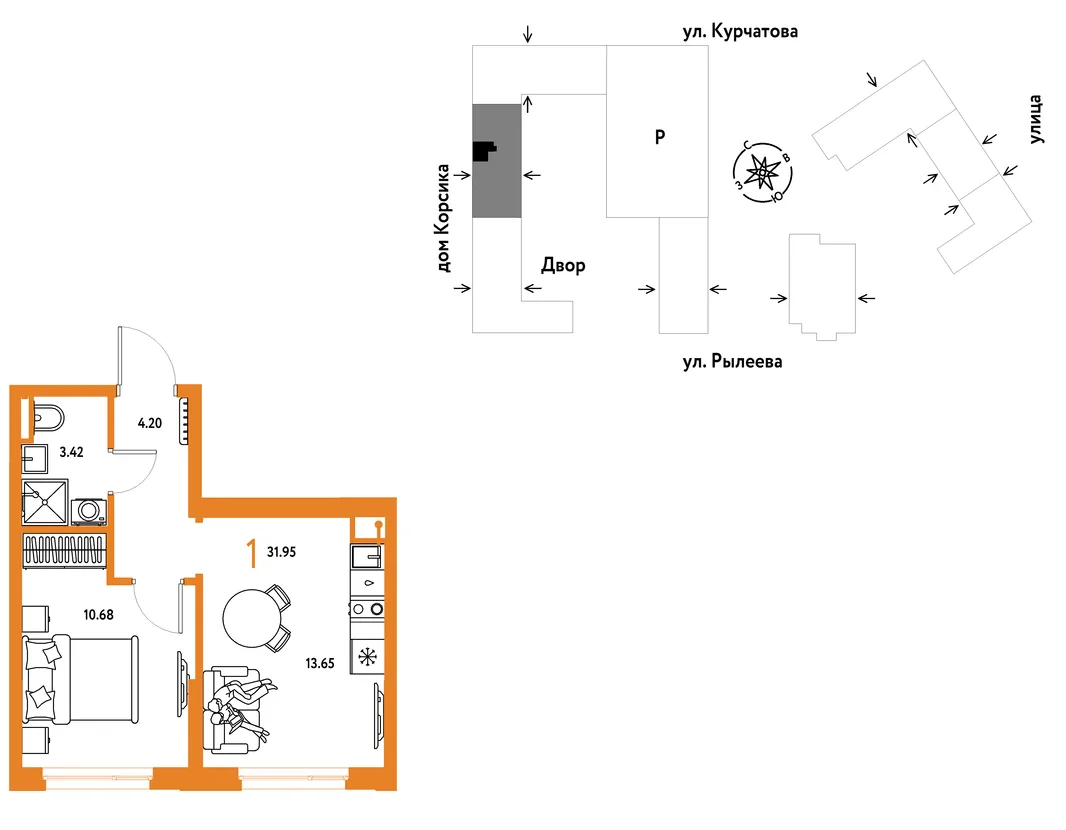 Планировка 1-комн. квартира, 31.66 м² ЖК «Остров-сад»