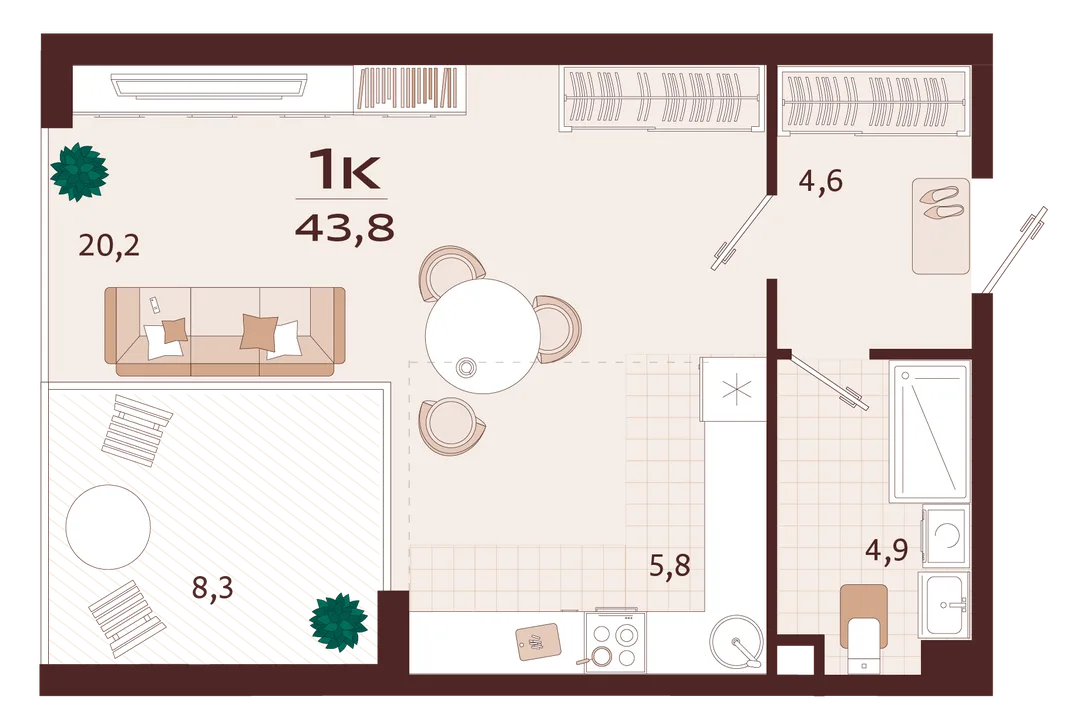 Планировка 1-комн. квартира, 43.8 м² ЖК «Роялта»