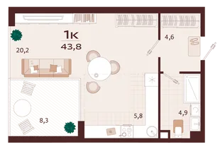 Планировка 1-комн. квартира, 43.8 м² ЖК «Роялта»