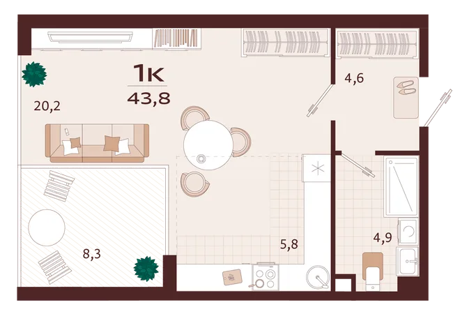Планировка 1-комн. квартира, 43.8 м² ЖК «Роялта»