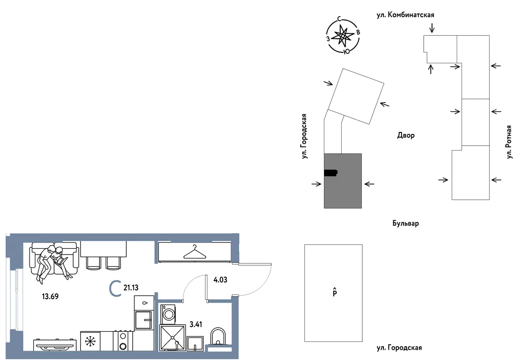 Планировка Студия, 21.13 м² ЖК «Уральский сад»