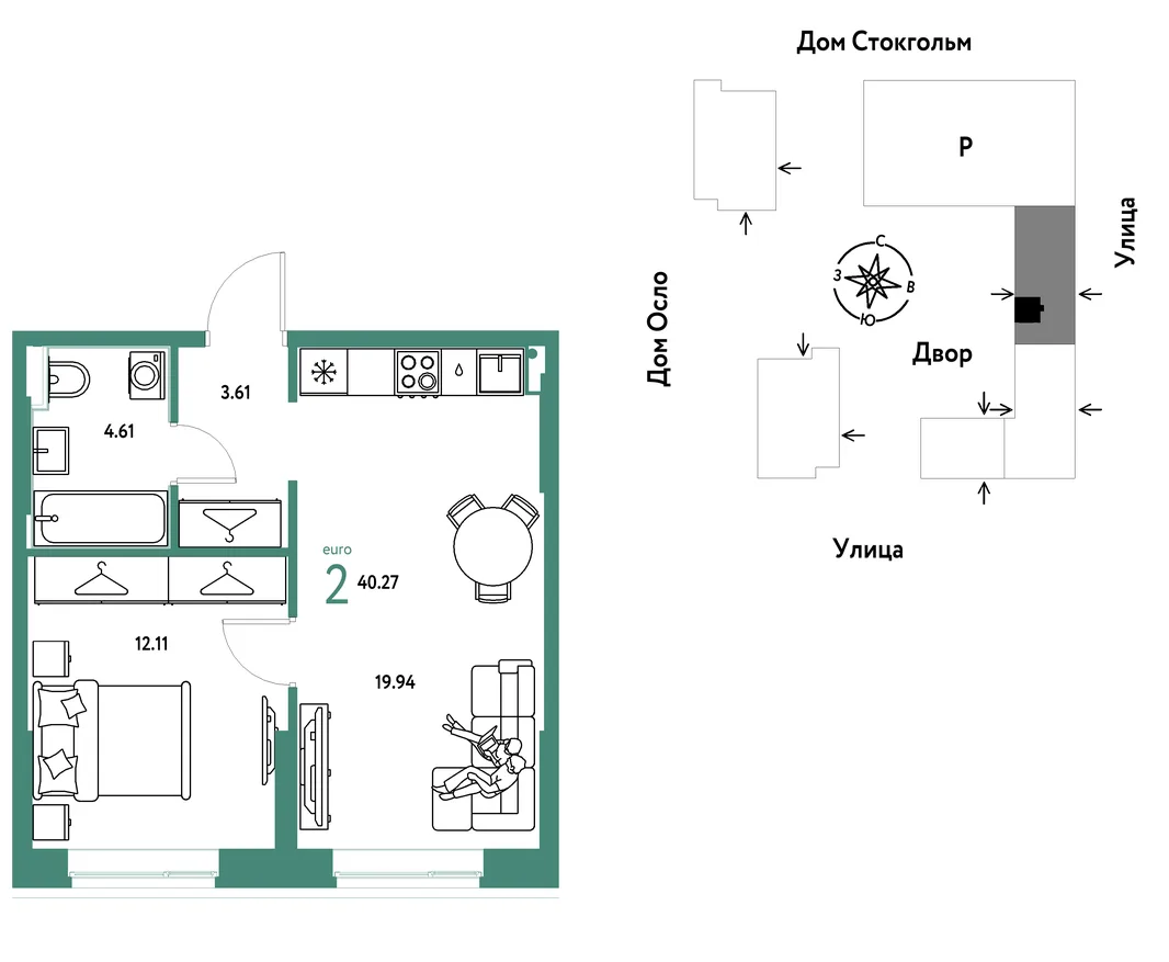 Планировка 2-комн. квартира, 40.27 м² ЖК «Европейский берег 2.0»