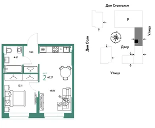 Планировка 2-комн. квартира, 40.27 м² ЖК «Европейский берег 2.0»
