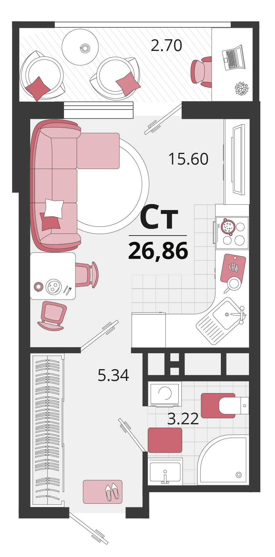 Планировка Студия, 27.3 м² ЖК «Родные просторы»