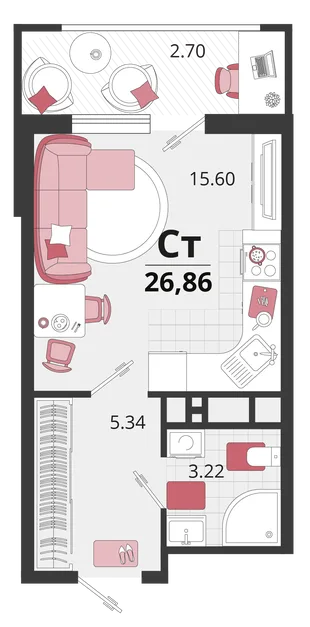 Планировка Студия, 27.3 м² ЖК «Родные просторы»