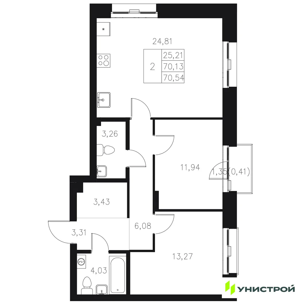 Планировка 2-комн. квартира, 70.54 м² ЖК «Statum»