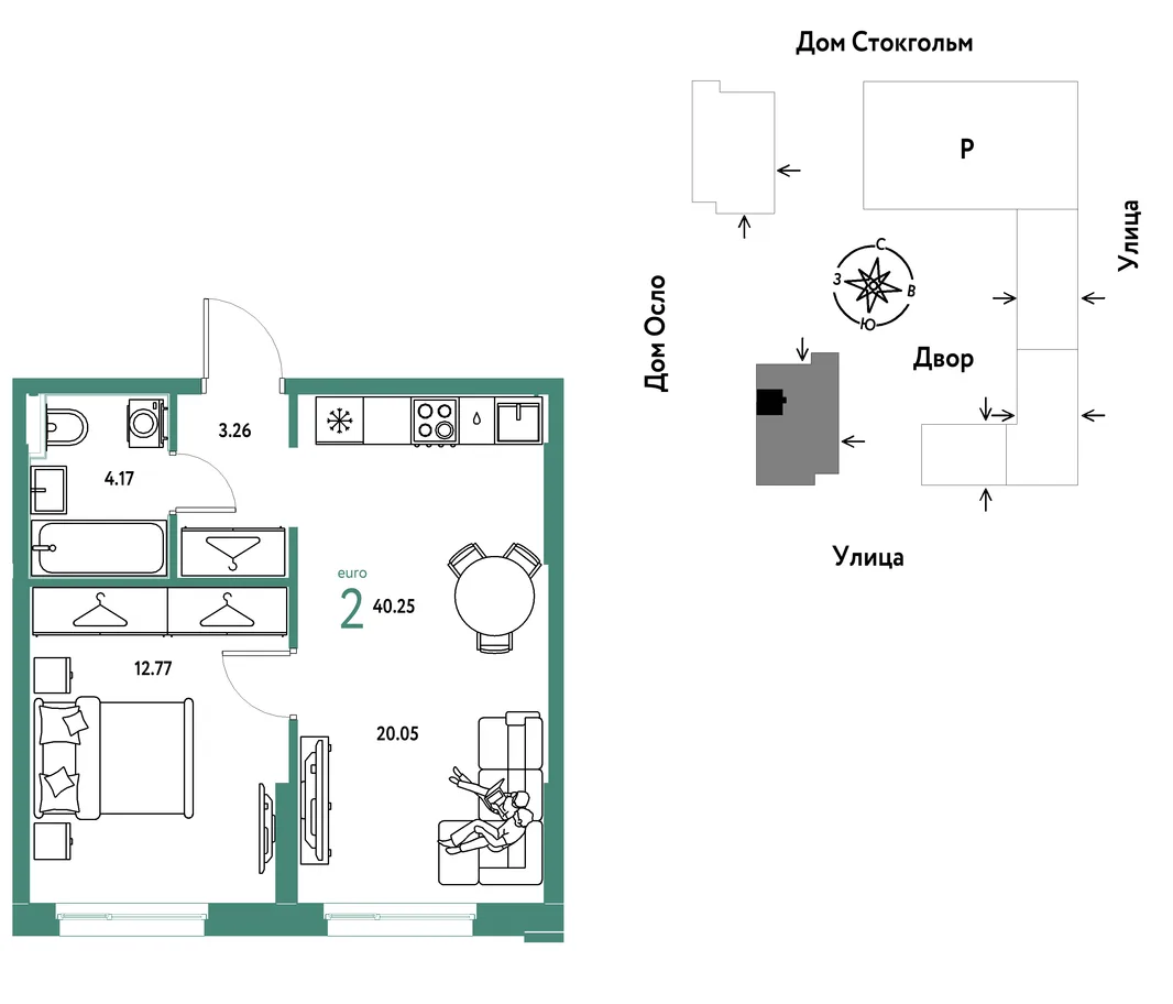 Планировка 2-комн. квартира, 40.25 м² ЖК «Европейский берег 2.0»