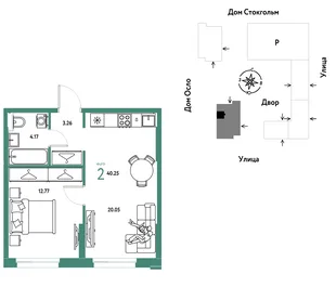 Планировка 2-комн. квартира, 40.25 м² ЖК «Европейский берег 2.0»