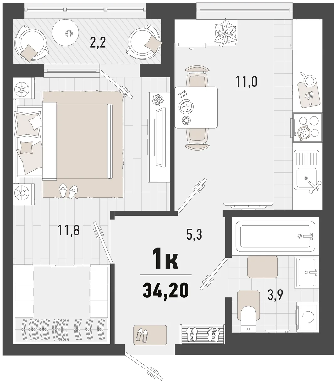 Планировка 1-комн. квартира, 34.2 м² ЖК «Барса»