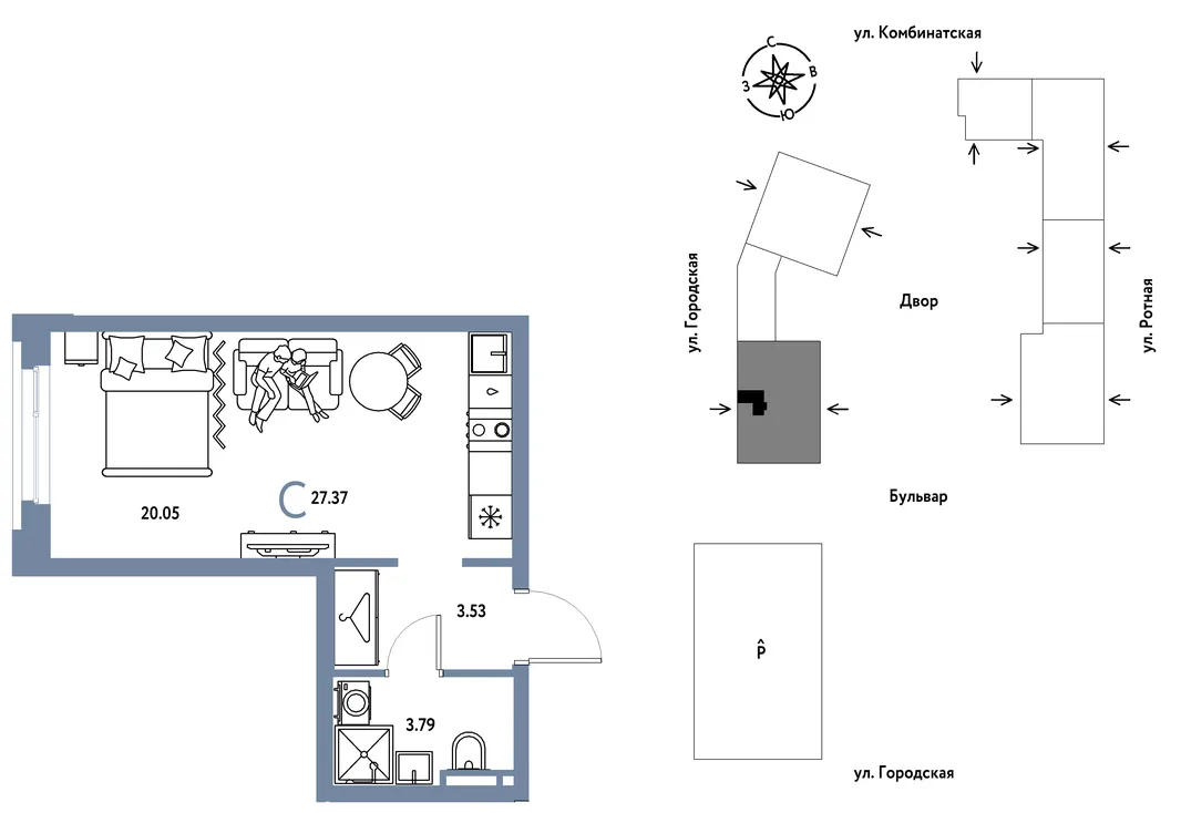 Планировка Студия, 27.37 м² ЖК «Уральский сад»