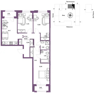 Планировка 3-комн. квартира, 87.33 м² ЖК «Европейский берег 2.0»