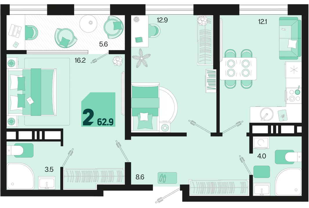 Планировка 2-комн. квартира, 62.9 м² ЖК «Первое место»