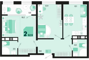 Планировка 2-комн. квартира, 62.9 м² ЖК «Первое место»