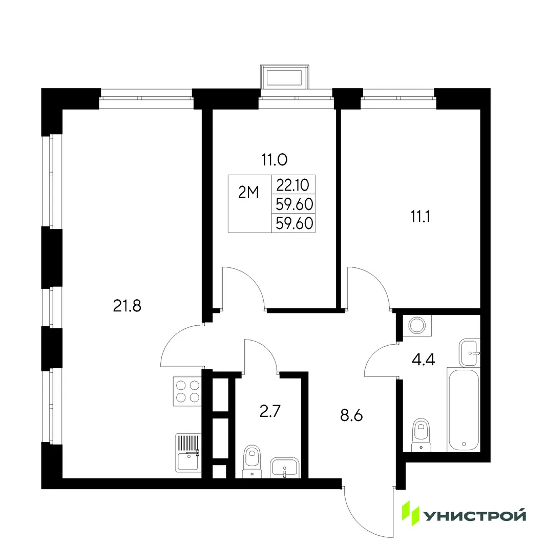 Планировка 2-комн. квартира, 59.6 м² ЖК «Стадиум»