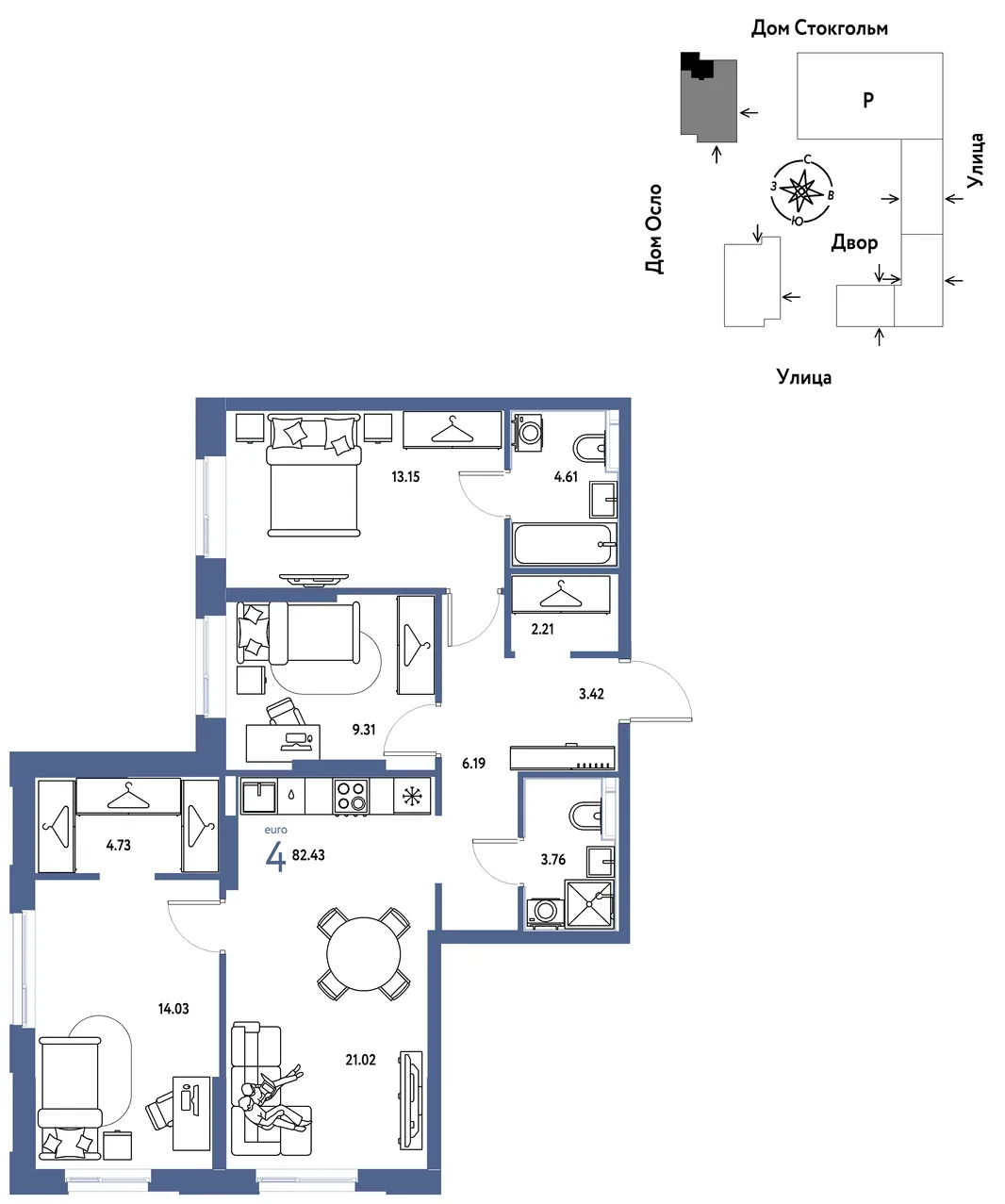 Планировка 4-комн. квартира, 82.43 м² ЖК «Европейский берег 2.0»