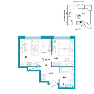 Планировка 1-комн. квартира, 33.95 м² ЖК «Сибирский сад»