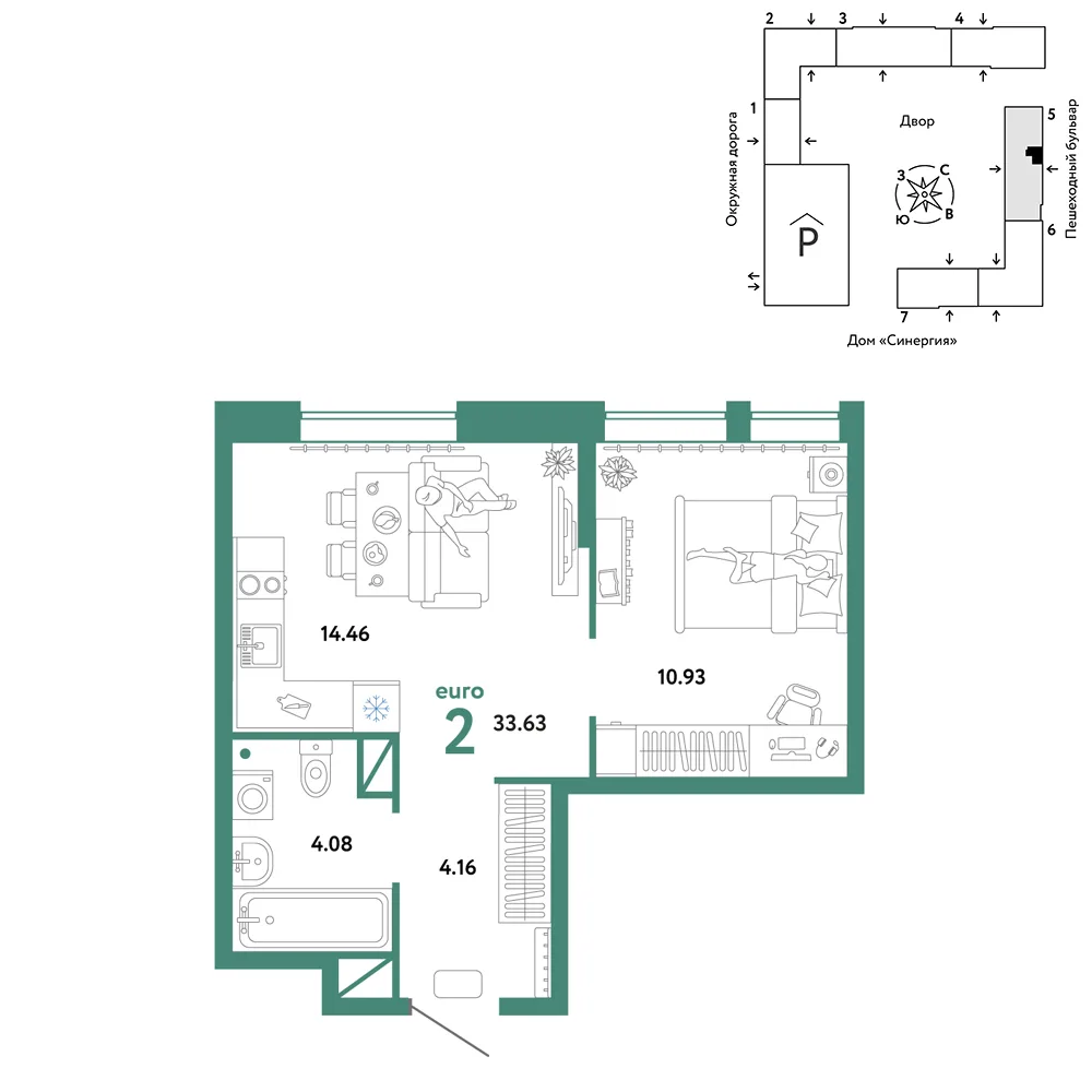 Планировка 2-комн. квартира, 33.63 м² ЖК «Юнион»