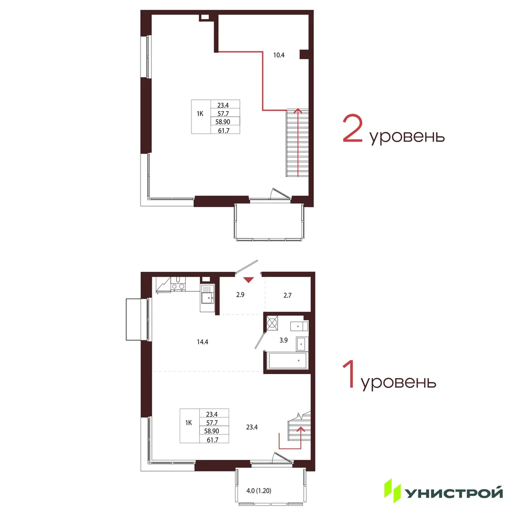 Планировка 1-комн. квартира, 58.9 м² ЖК «Лисино»