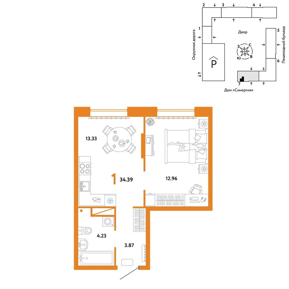 Планировка 1-комн. квартира, 34.39 м² ЖК «Юнион»