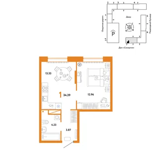 Планировка 1-комн. квартира, 34.39 м² ЖК «Юнион»