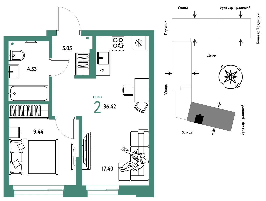 Планировка 2-комн. квартира, 36.42 м² ЖК «Микрорайон Домашний»