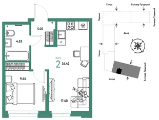 Планировка 2-комн. квартира, 36.42 м² ЖК «Микрорайон Домашний»