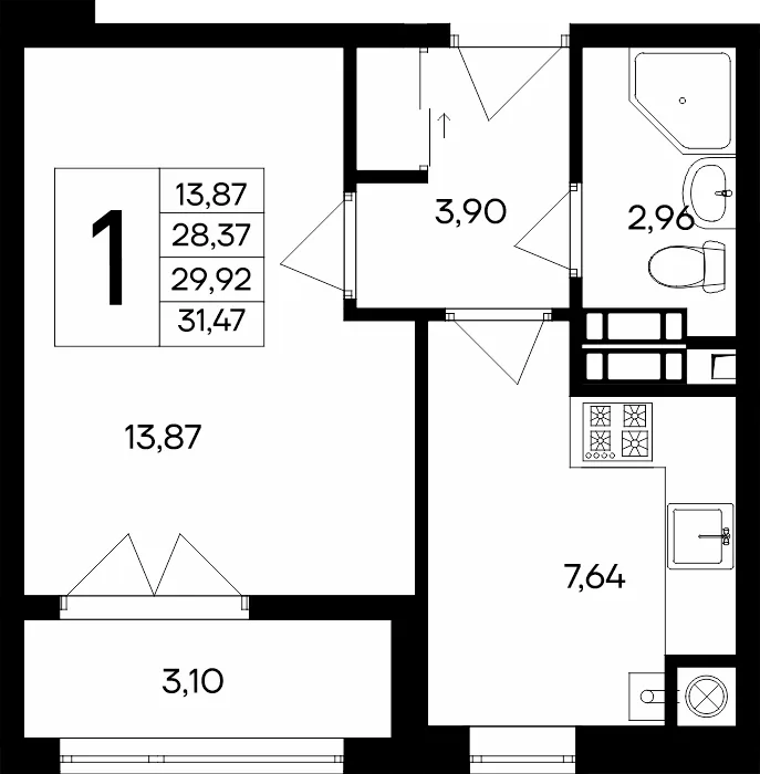 Планировка 1-комн. квартира, 31.47 м² ЖК «Сезоны»