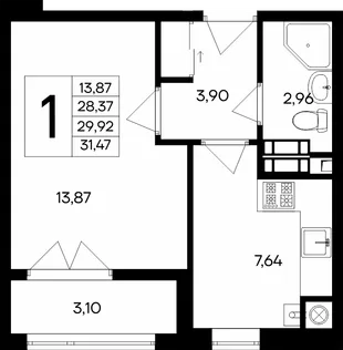 Планировка 1-комн. квартира, 31.47 м² ЖК «Сезоны»